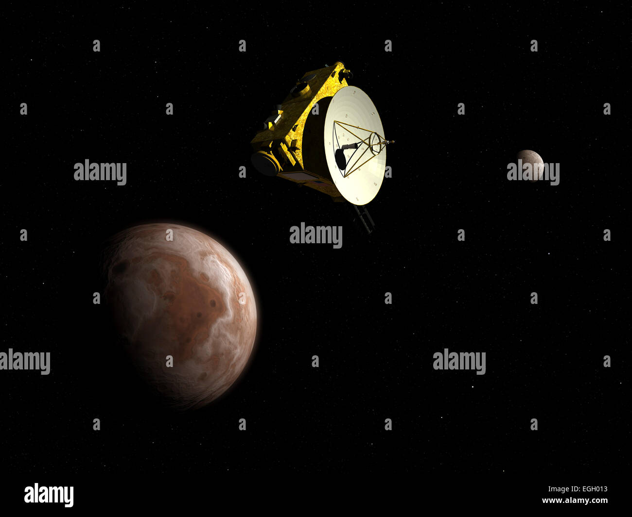 NASA nuovi orizzonti veicolo spaziale senza equipaggio vola da Dwarf Planet Pluto e la sua luna Caronte. Nuovi Orizzonti è stato in rotta verso Plutone Foto Stock