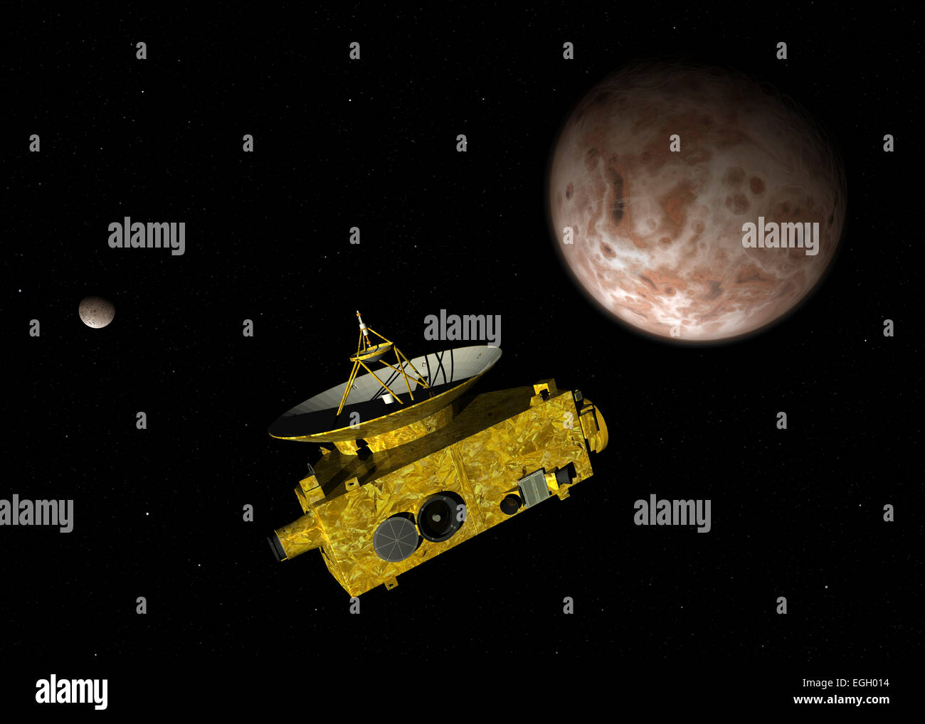 NASA nuovi orizzonti veicolo spaziale senza equipaggio oltre Dwarf Planet Pluto e la sua luna Caronte. Nuovi Orizzonti è stato in rotta verso Plutone peccato Foto Stock