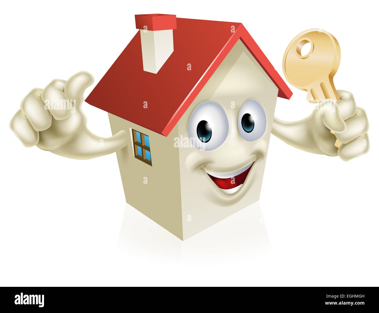 Un cartoon casa mascotte di carattere tenendo premuto un tasto. Concetto per acquistare una nuova casa, immobiliari o simili Foto Stock