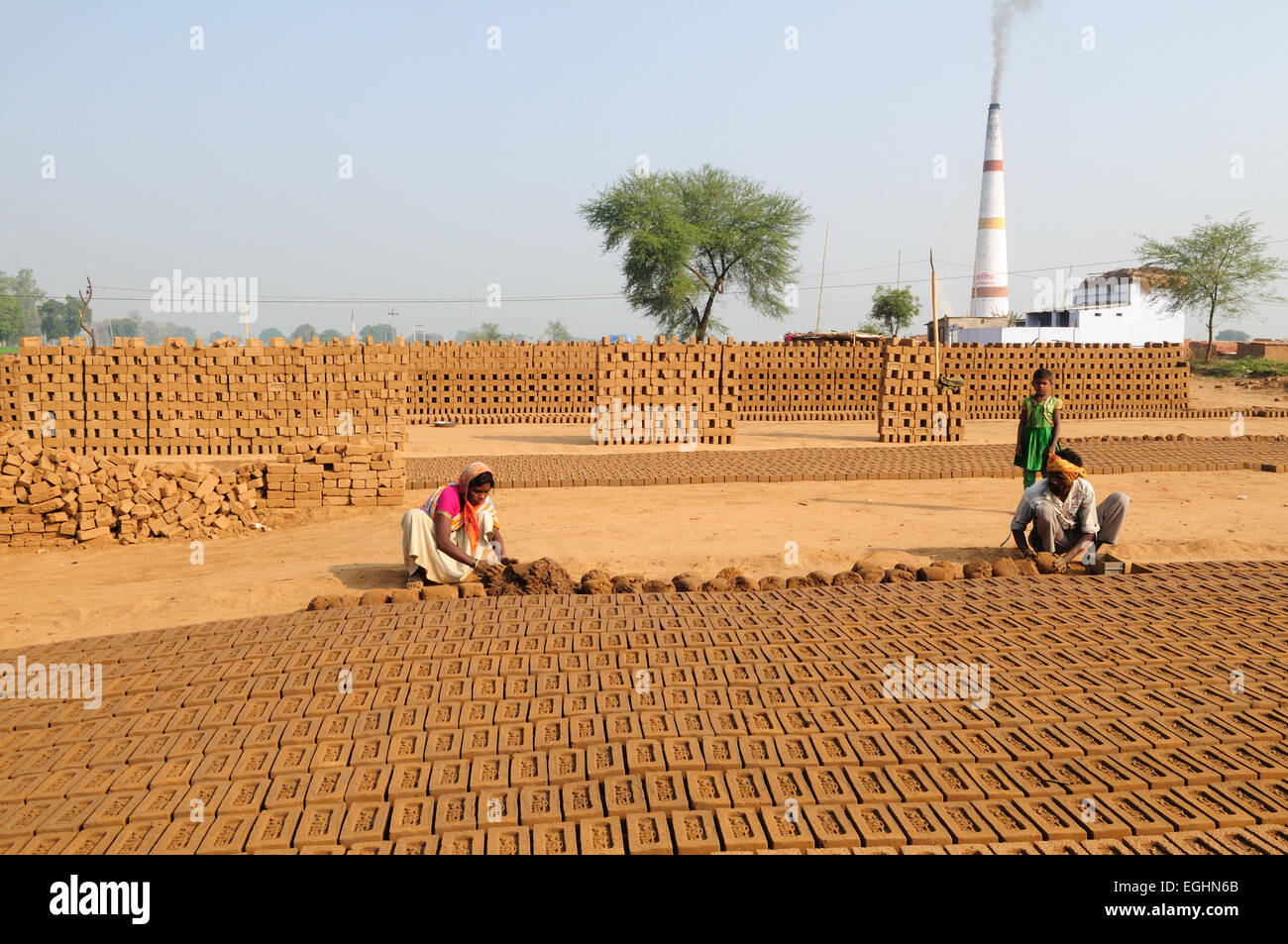 Famiglia indiana lavorando duro per fabbricare mattoni fatti a mano mattoni e lasciarli asciugare al sole il Madhya Pradesh India Foto Stock