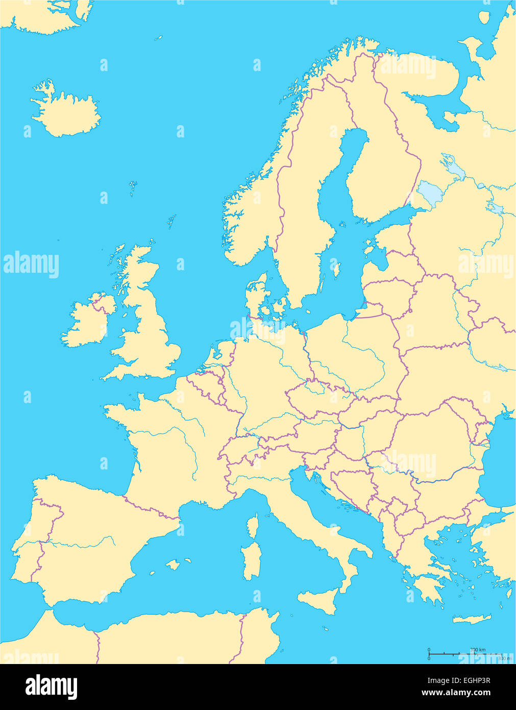 Europa mappa politico e la regione circostante. I paesi con le frontiere nazionali, i grandi fiumi e laghi. Ridimensionamento in inglese. Foto Stock