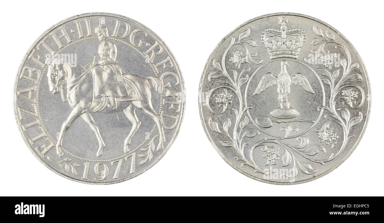 Moneta giubilare d'argento. Entrambi i lati di una moneta britannica della corona del Giubileo d'argento delle 1977 Regine. Foto Stock