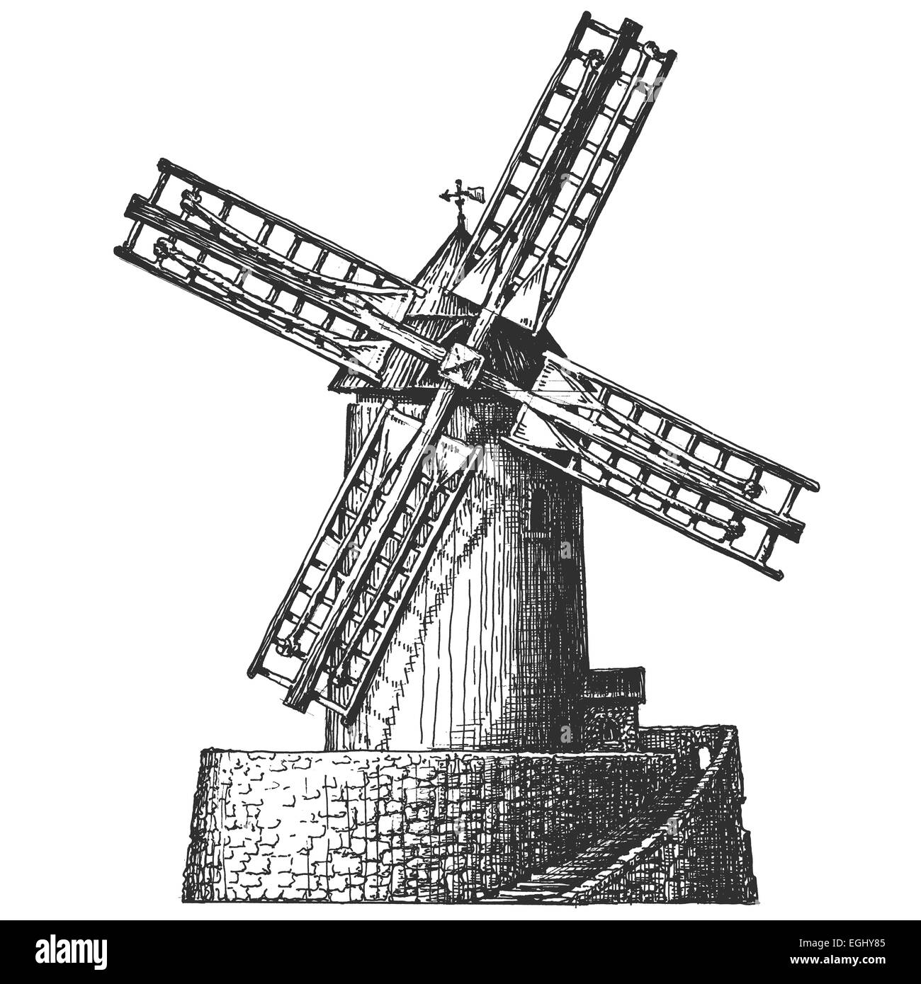 Vecchio mulino su uno sfondo bianco. schizzo Foto Stock
