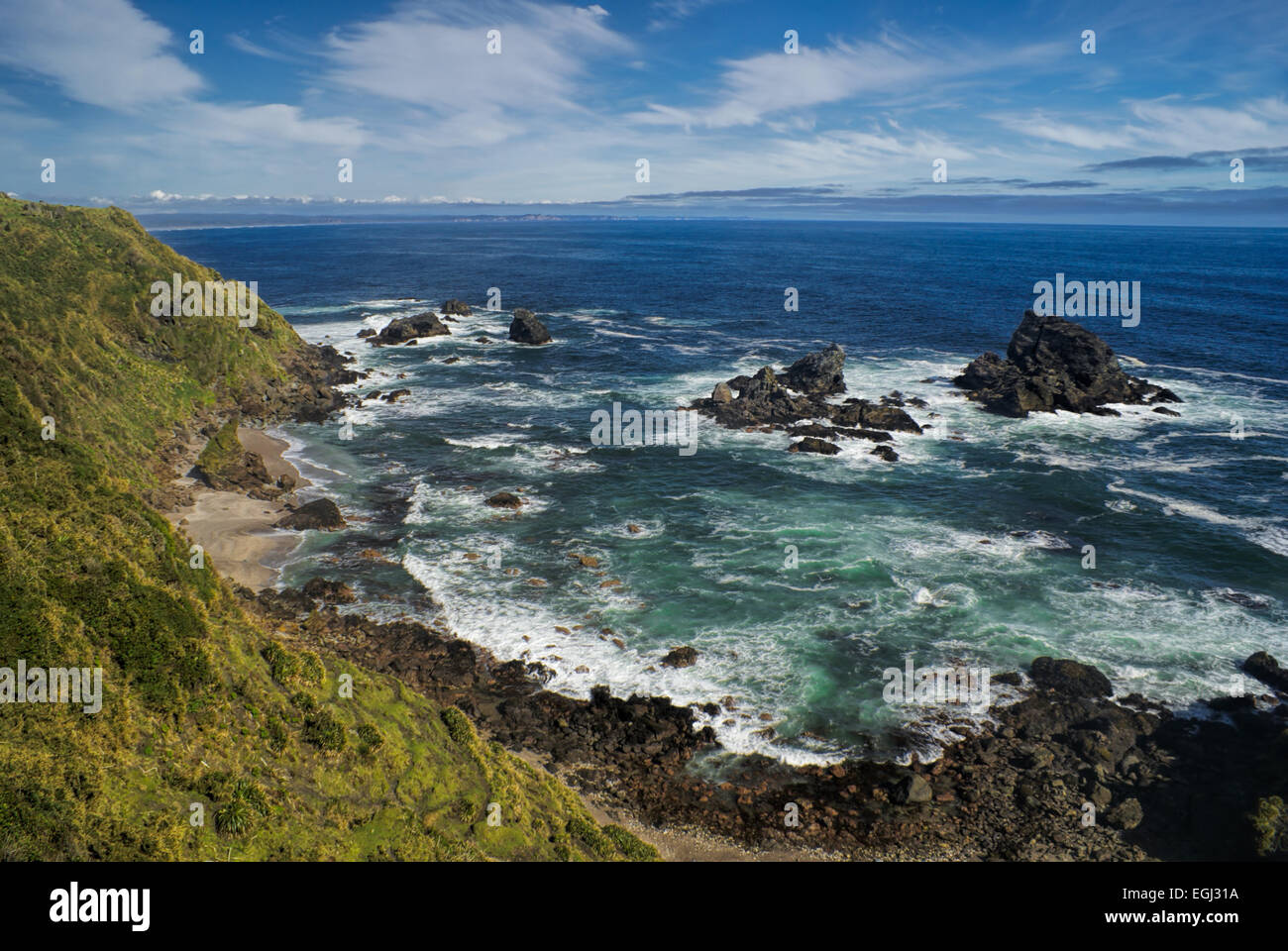 Vista panoramica della costa nel Parque Nacional Chiloe Foto Stock