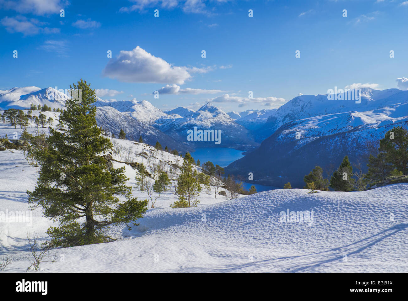 Vista stupefacente di piani nevoso in norvegese Volda Foto Stock