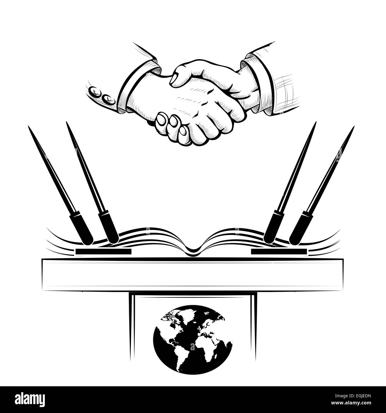 Al di sopra della stretta di mano di politici o accordo commerciale.isolati su sfondo bianco. Foto Stock