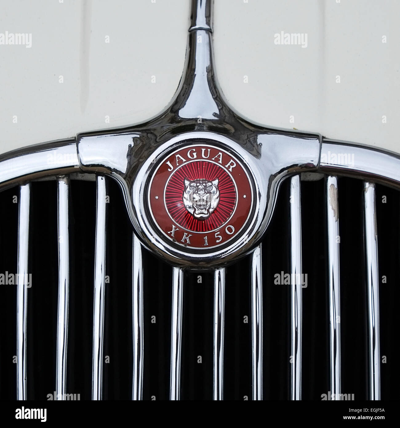 Chiusura del badge e grill di un vintage Jaguar XK 150 auto sportiva Foto Stock