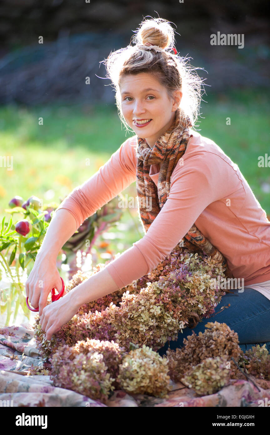 Giovane donna rendendo ghirlanda floreale con secchi fiori di ortensie. Foto Stock