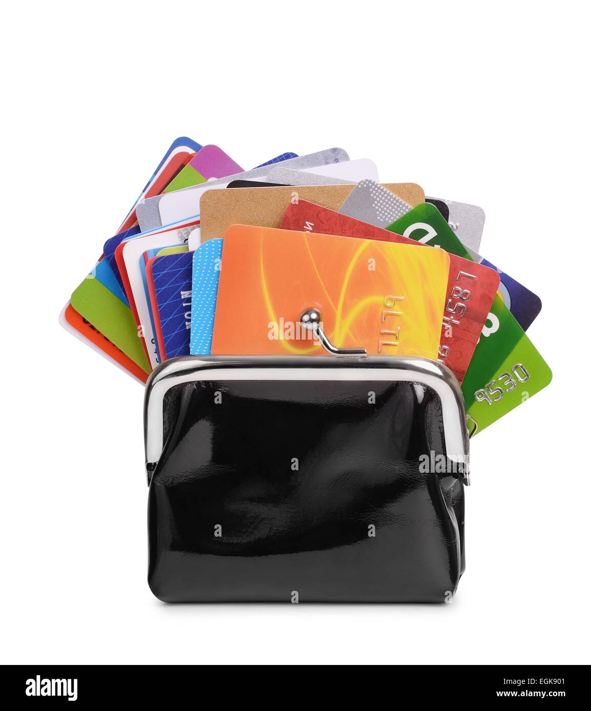 Lotto di carte di credito in borsa isolato su bianco Foto Stock
