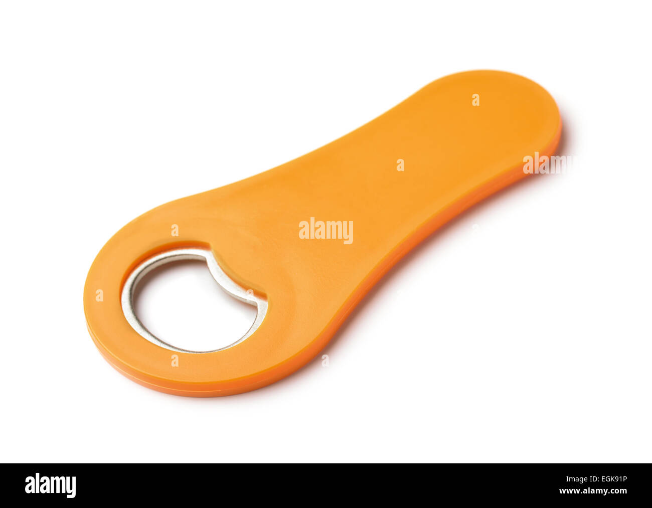 Apribottiglia di plastica isolato su bianco Foto Stock