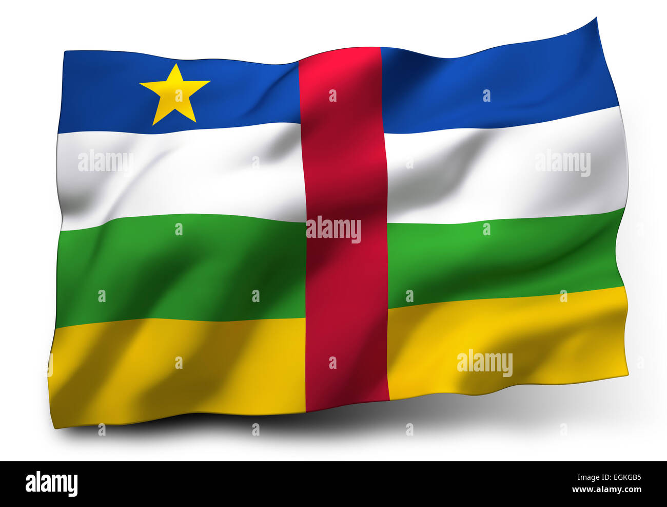 Sventola bandiera della Repubblica Centrafricana isolati su sfondo bianco Foto Stock