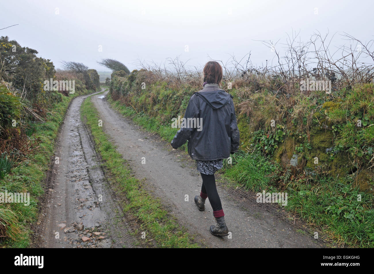 Una donna cammina lungo una strada di campagna in Cornwall, Regno Unito Foto Stock