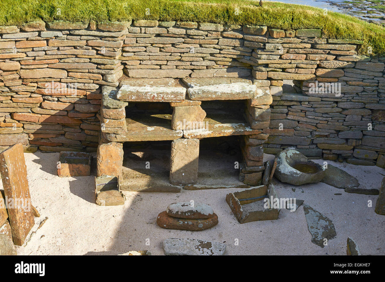 Il villaggio neolitico le rovine di Skara Brae, circa 2.500, un sito Patrimonio Mondiale dell'UNESCO. Isole Orcadi, Scozia Foto Stock