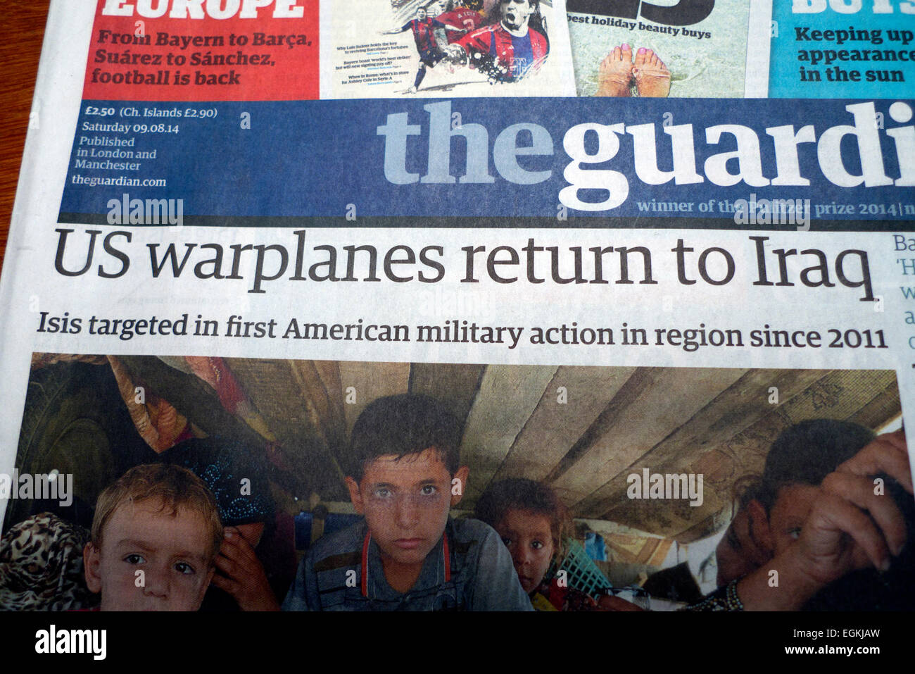 "Noi aeroplani militari ritorno in Iraq " notizie sulla pagina anteriore del quotidiano Guardian il 9 agosto 2014 in Gran Bretagna REGNO UNITO Foto Stock