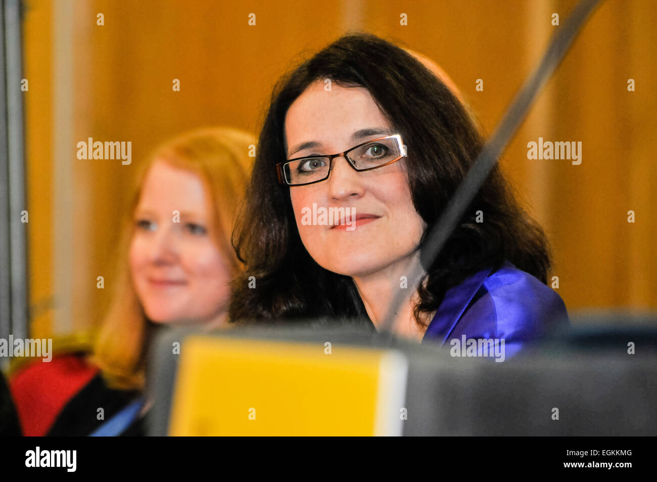 02/03/2013, Belfast. Theresa Villiers, conservatori MP per Chipping Barnet, e il Segretario di Stato per l'Irlanda del Nord, indirizzi l'Alleanza conferenza di partito. Foto Stock