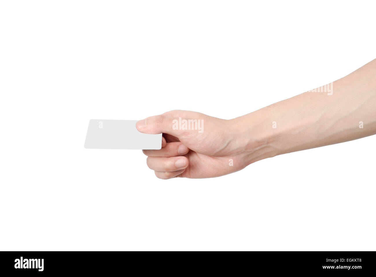 Mano che tiene fuori la scheda vuota, isolato su bianco Foto Stock