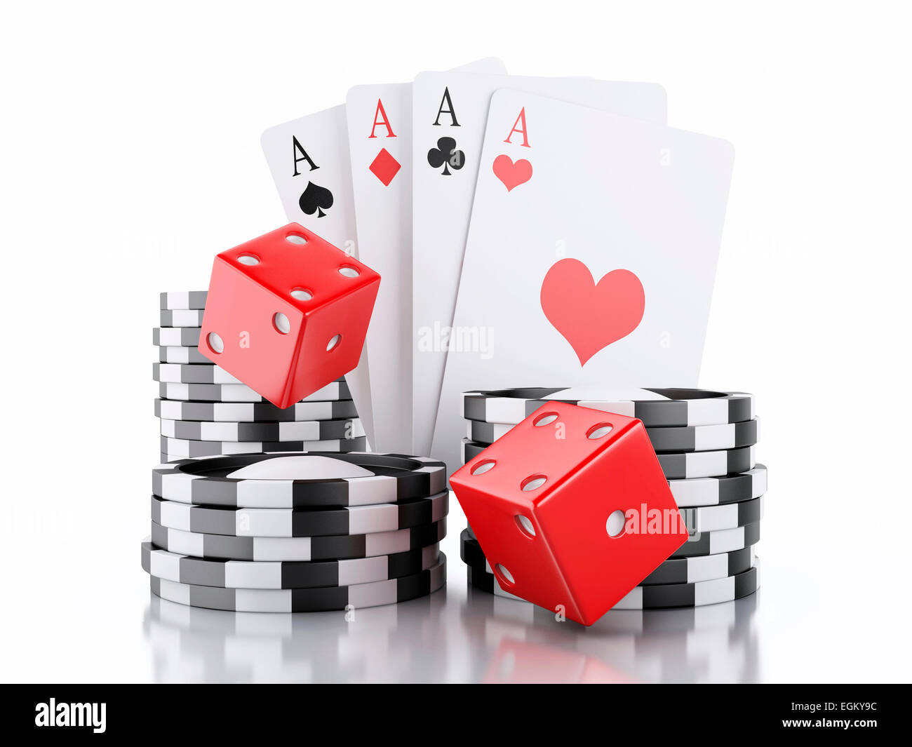 3D renderer immagine. Dadi, carte chip e. Concetto di casinò, isolato sullo sfondo bianco. Foto Stock