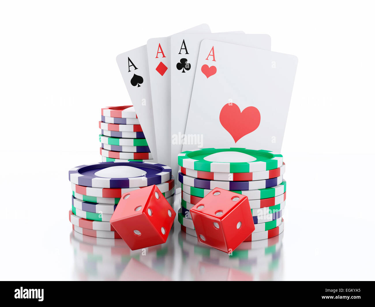 3D renderer immagine. Dadi, carte chip e. Concetto di casinò, isolato sullo sfondo bianco. Foto Stock