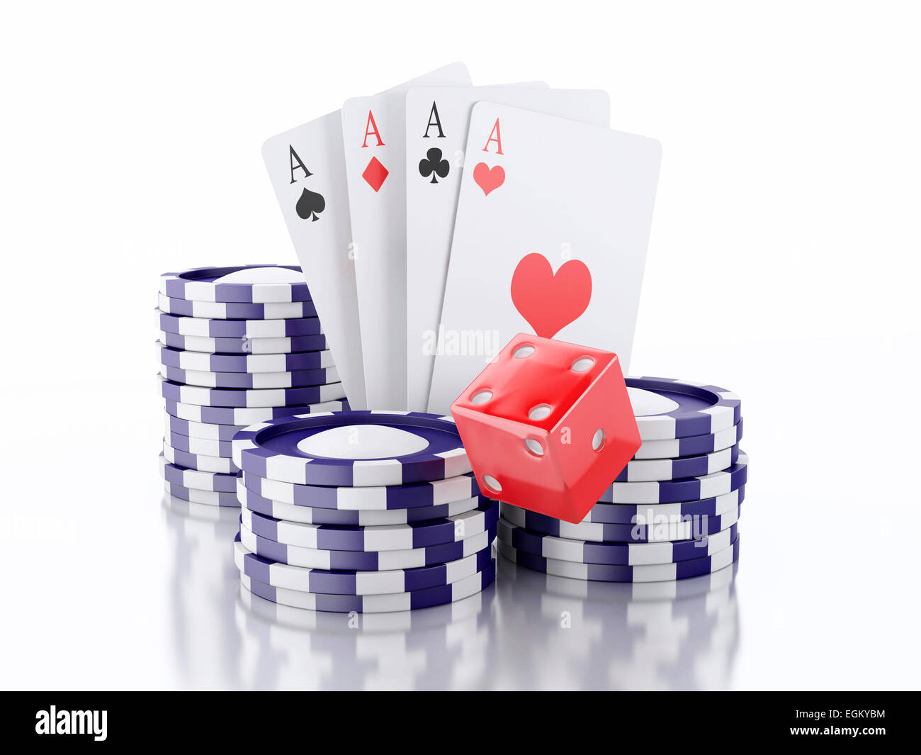3D renderer immagine. Dadi, carte chip e. Concetto di casinò, isolato sullo sfondo bianco. Foto Stock