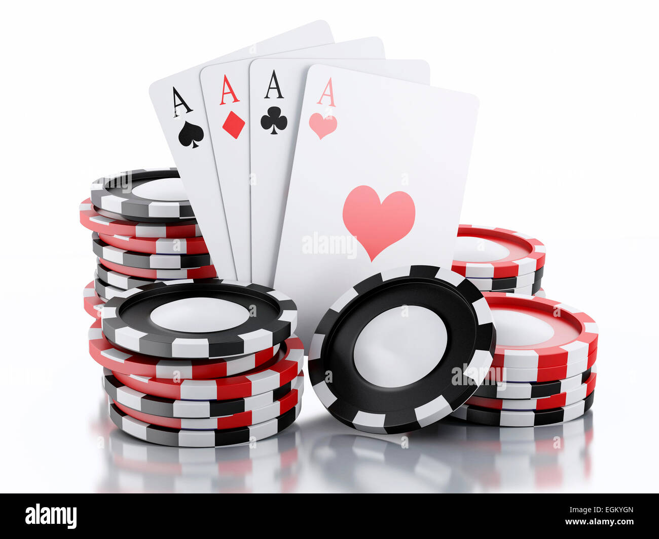 3D renderer immagine. I token del casinò e giocare a carte. Concetto di casinò, isolato sfondo bianco Foto Stock