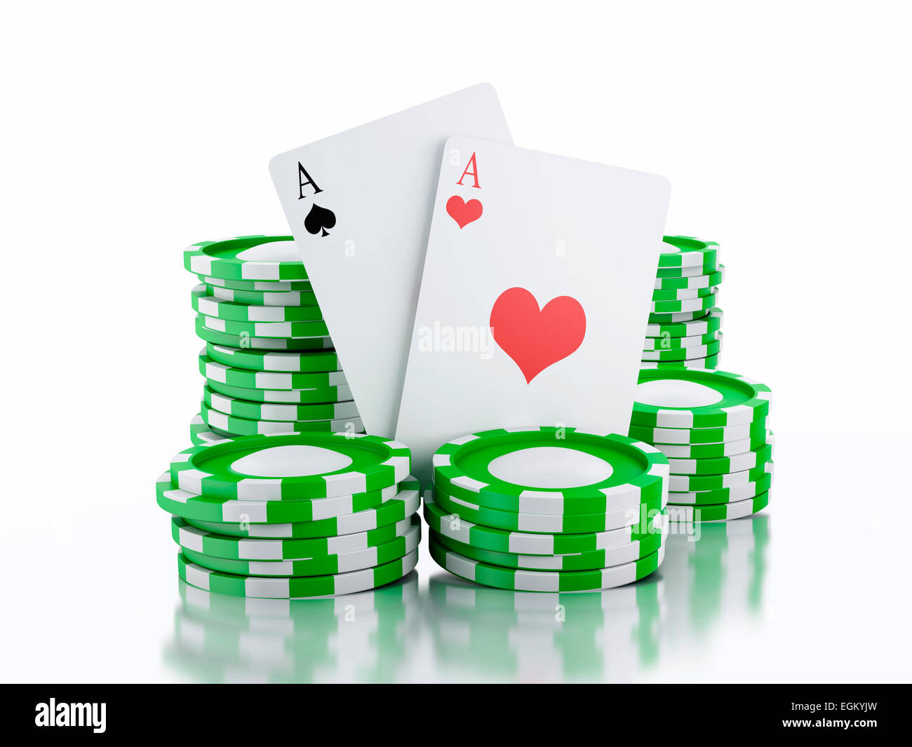 3D renderer immagine. Verde gettoni del Casinò e giocare a carte. Concetto di casinò, isolato sfondo bianco Foto Stock