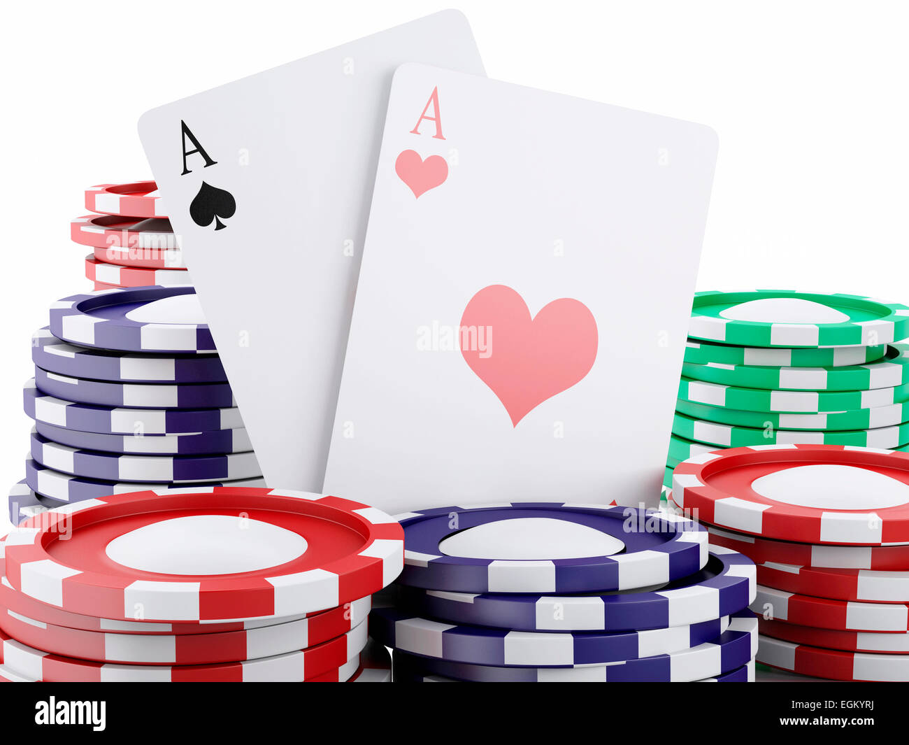 3D renderer immagine. I token del casinò e giocare a carte. Concetto di casinò, isolato sfondo bianco Foto Stock