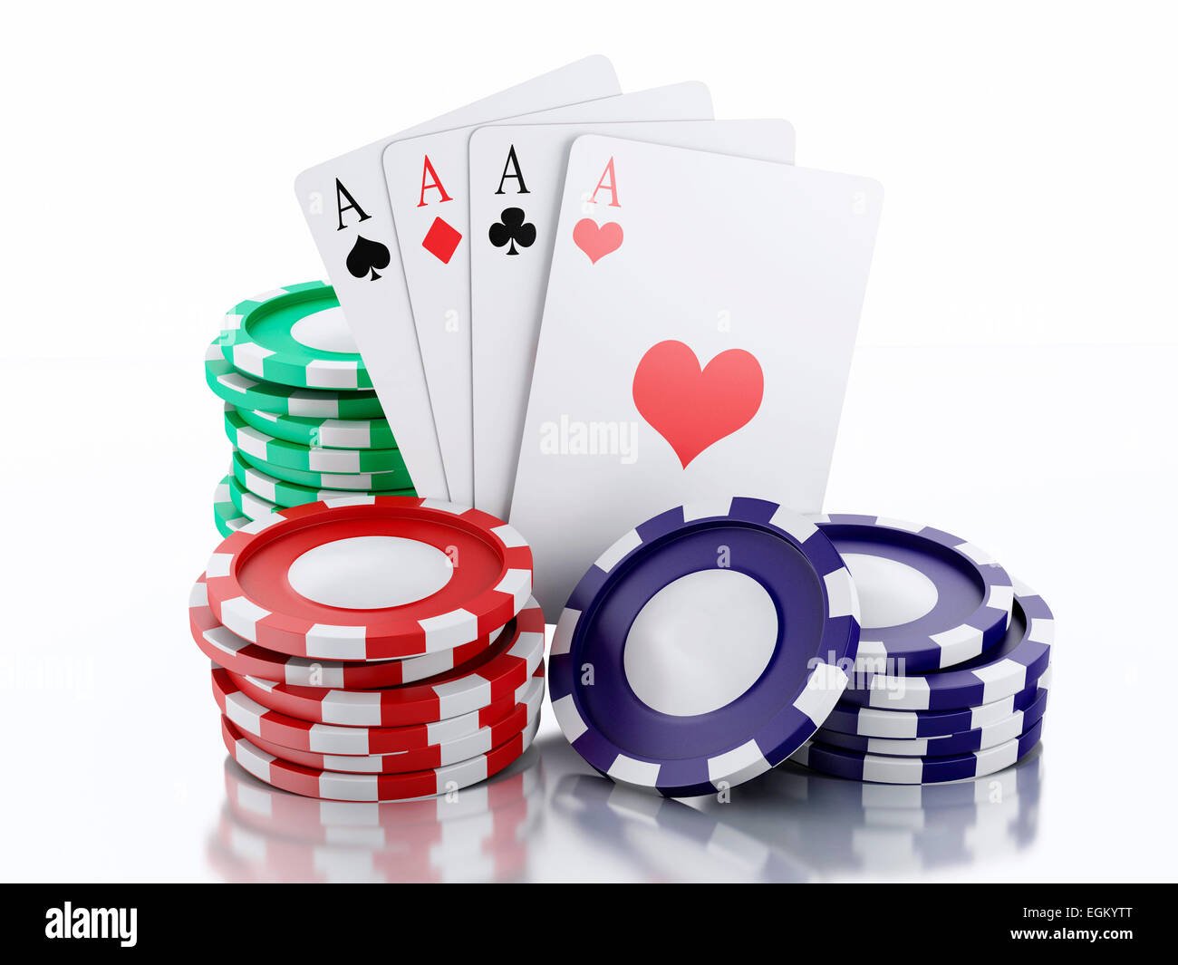 3D renderer immagine. I token del casinò e giocare a carte. Concetto di casinò, isolato sfondo bianco Foto Stock