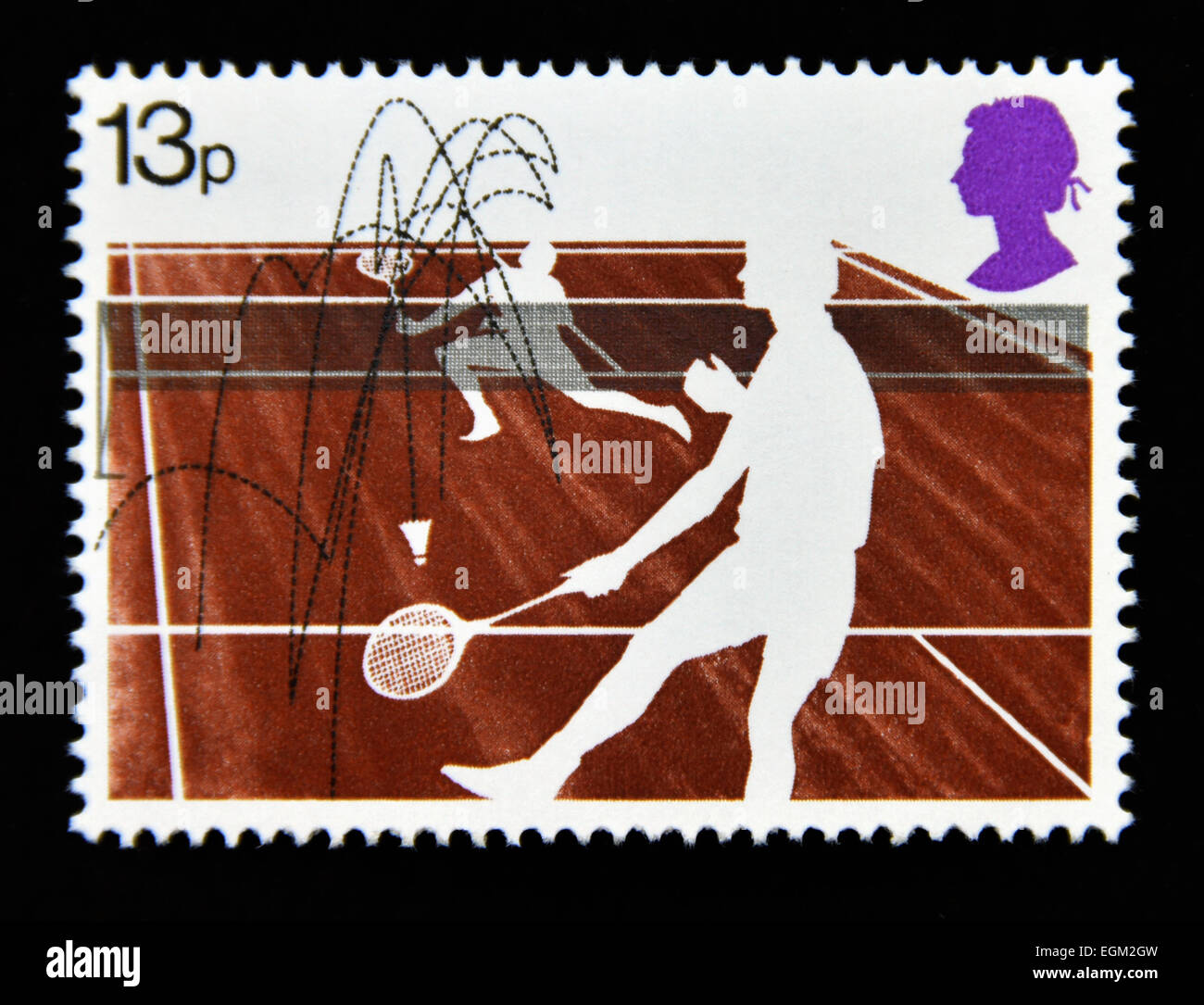 Francobollo. La Gran Bretagna. La regina Elisabetta II. 1977. Sport di racchetta. Badminton. 13p. Foto Stock