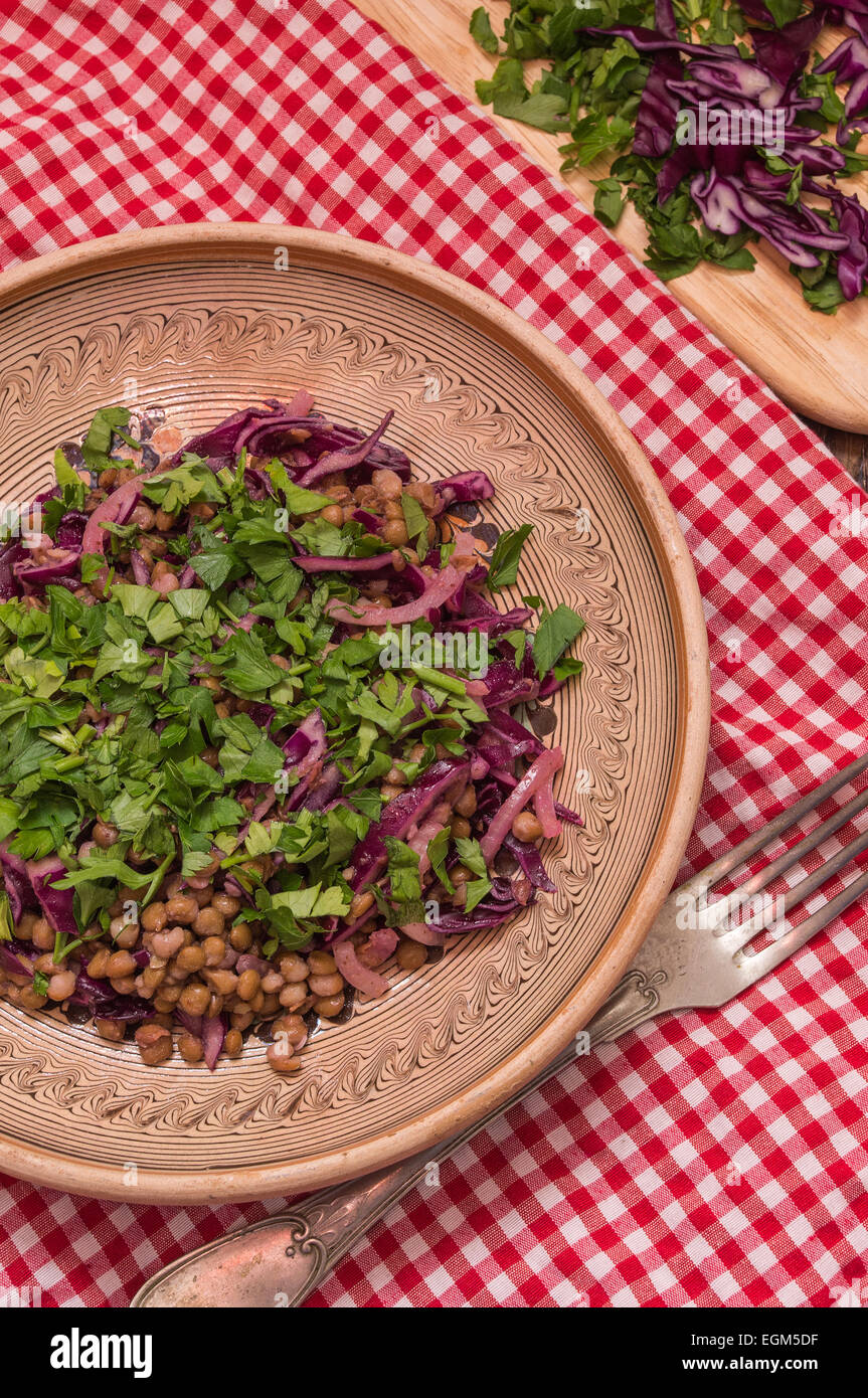 Materie vegane insalata di lenticchie con cavolo rosso e prezzemolo Foto Stock