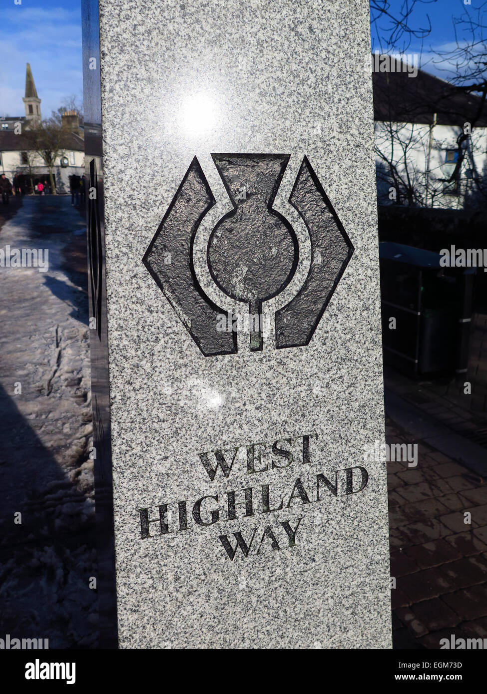 Segno di granito all inizio del West Highland Way Milngavie Foto Stock