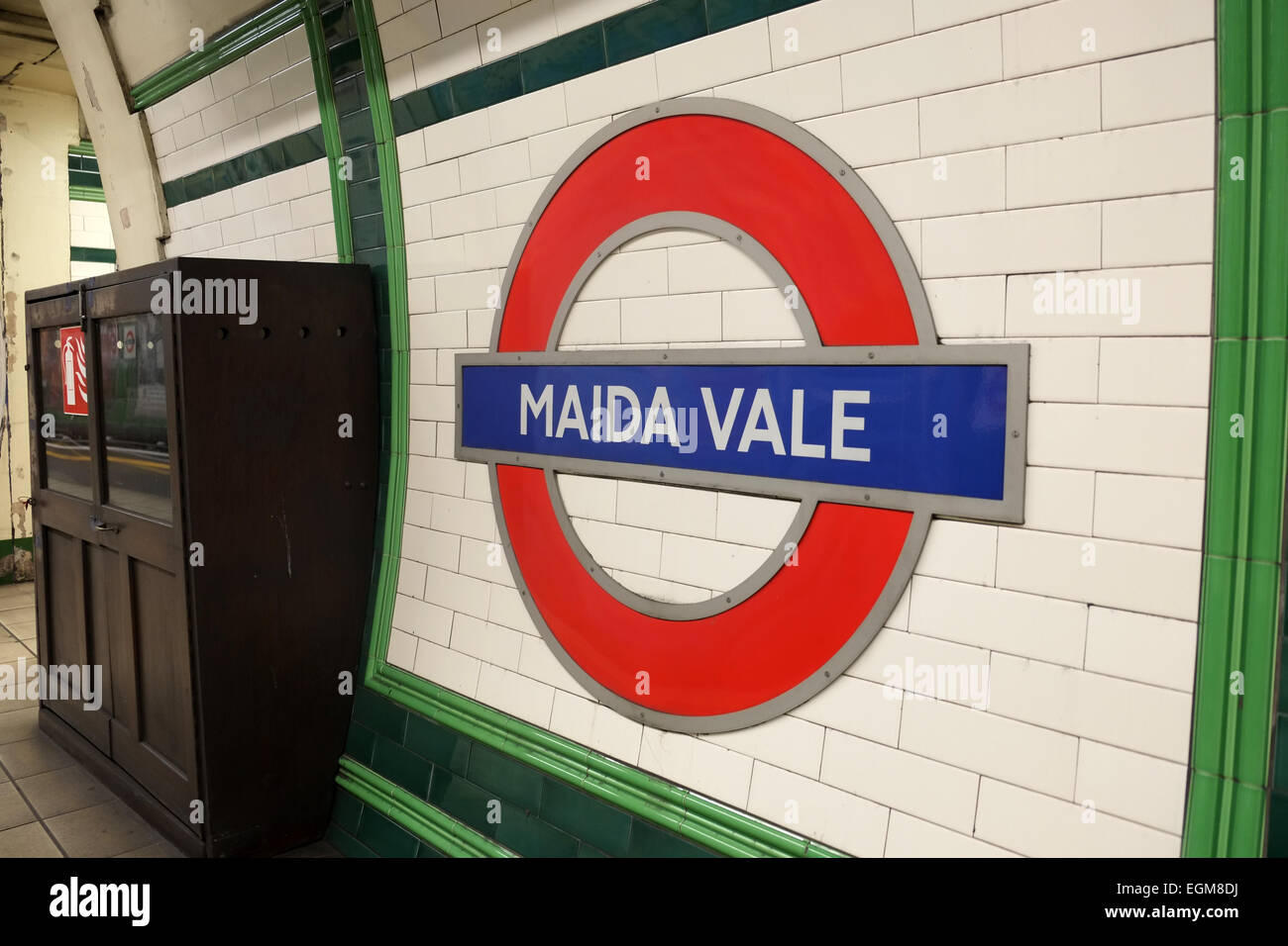 Classico vecchio London Underground segno per Maida Vale nel nord di Londra, 25 Febbraio 2015 Foto Stock