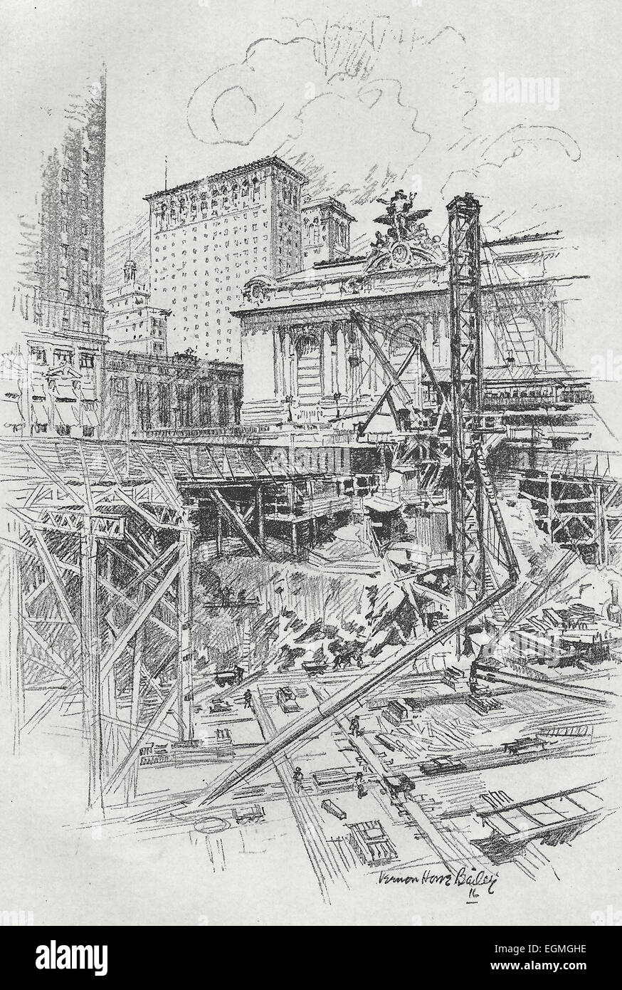 La Grand Central Terminal, la cui costruzione ha costituito il punto di collegamento di quattro sistemi di metropolitana e ha creato un grande centro pubblico. Non un edificio in questo disegno è di quindici anni e il lavoro di ricostruzione è ancora in corso. Lo scavo è sul sito del Grand Hotel Union, 1916. Vernon Howe Bailey Hotel Belmont Vanderbilt Avenue Edificio per uffici di Biltmore Hotel Grand Central Terminal Foto Stock