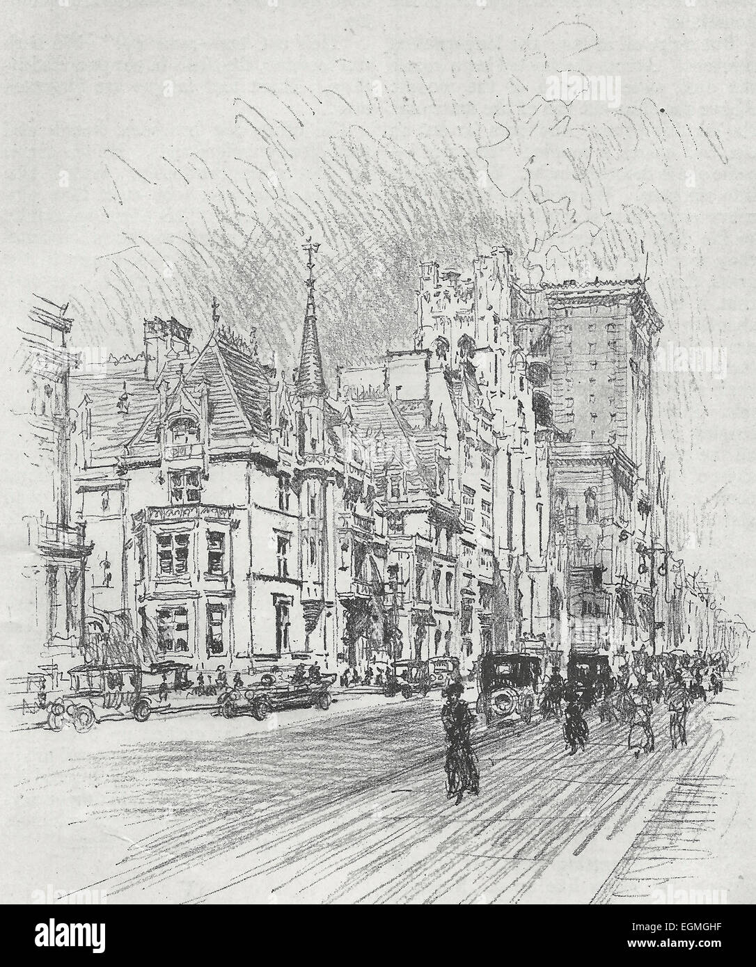 Un po' di Fifth Avenue sopra 52nd Street. Vanderbilt residences, St. Thomas Church, University Club, Hotel Gotham, 1915 Foto Stock