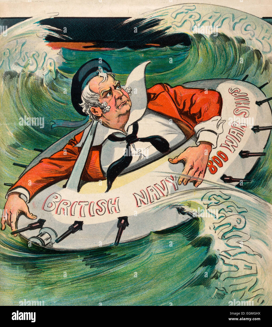 Se egli ha di prendere per acqua - Illustrazione che mostra John Bull come un marinaio, flottante in una vita-preserver etichettato 'Marina Britannica 800 navi da guerra", circondato da enormi ondate etichettato 'Germania' " Francia " e " Russia ". ci sono il cannone di barili rivolti in tutte le direzioni dalla vita-preserver. Cartoon politico, 1900 Foto Stock
