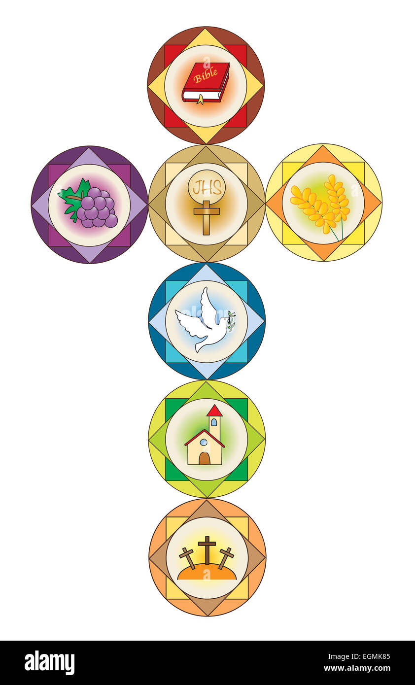 Illustrazione della croce con la religione icone. Foto Stock