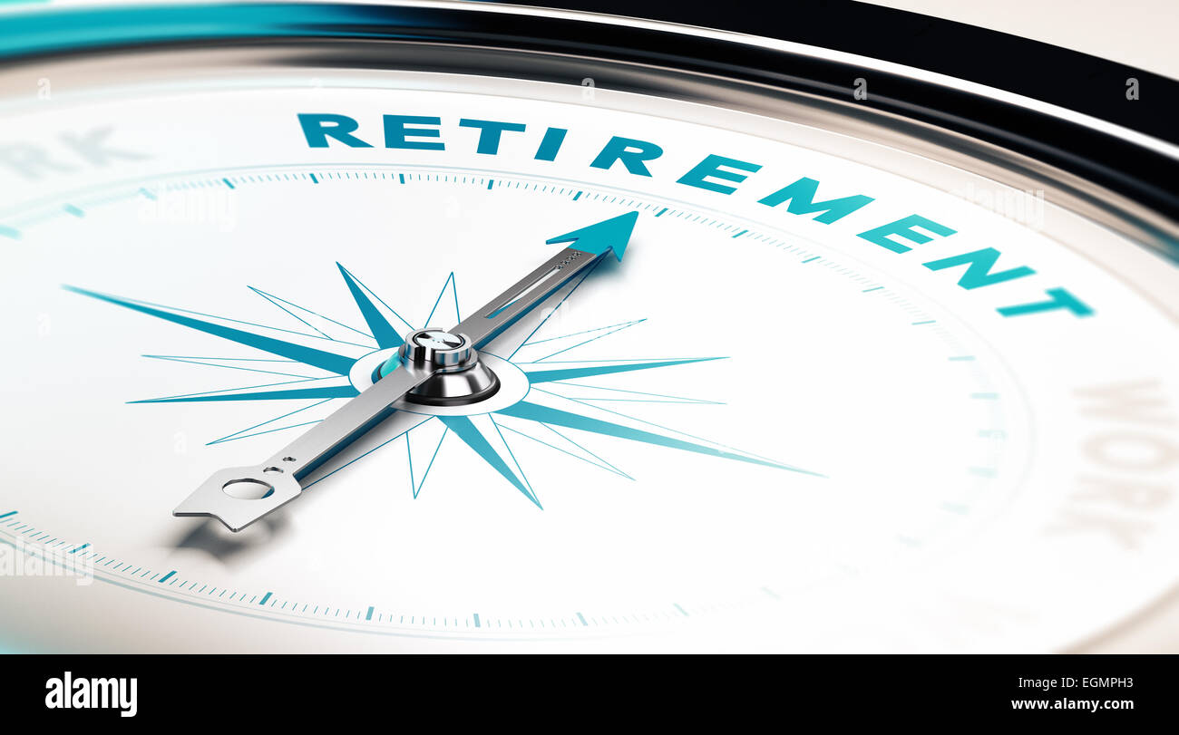 Bussola con ago rivolto la parola pensionamento, concetto di immagine per illustrare la pianificazione del pensionamento Foto Stock