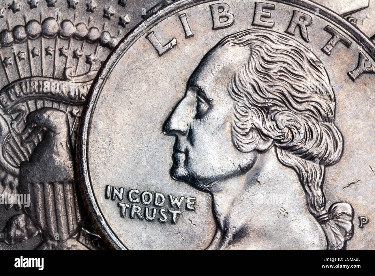 Close-up dettaglio su un Stati Uniti trimestre dollar coin - In God We Trust - Liberty. Foto Stock