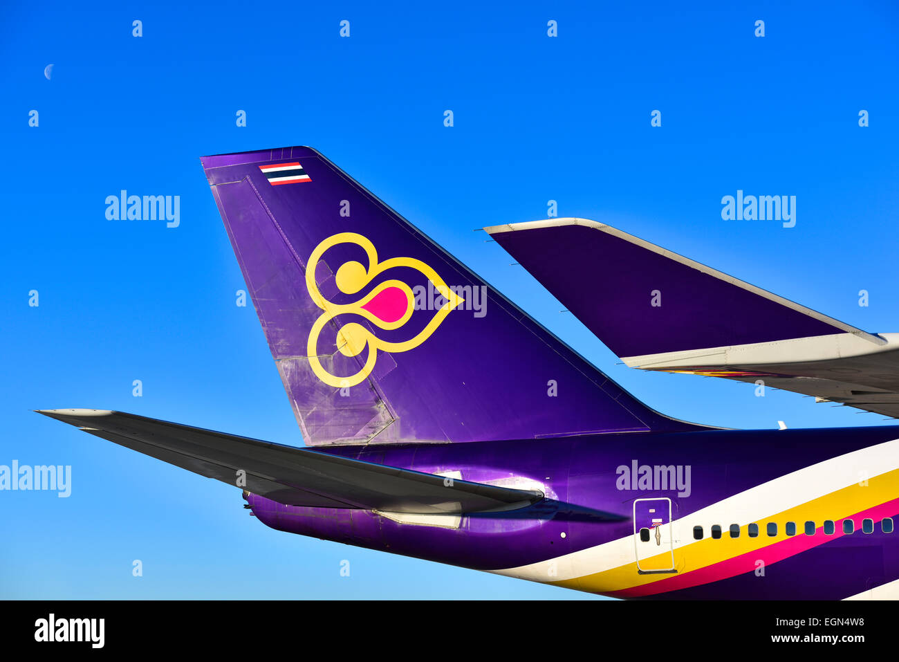 Thai Airways Airbus A 340, aeromobili, aereo, piano, ala, aletta, stabilizzatore orizzontale, Foto Stock