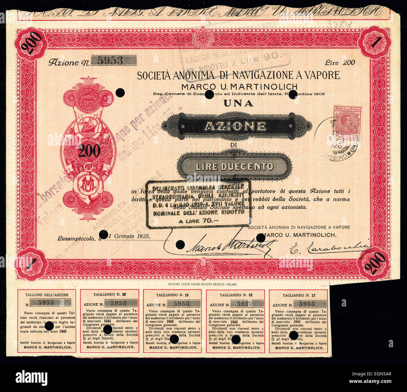 Certificato azionario italiano di societa anonima di navigazione a vapore azione Foto Stock