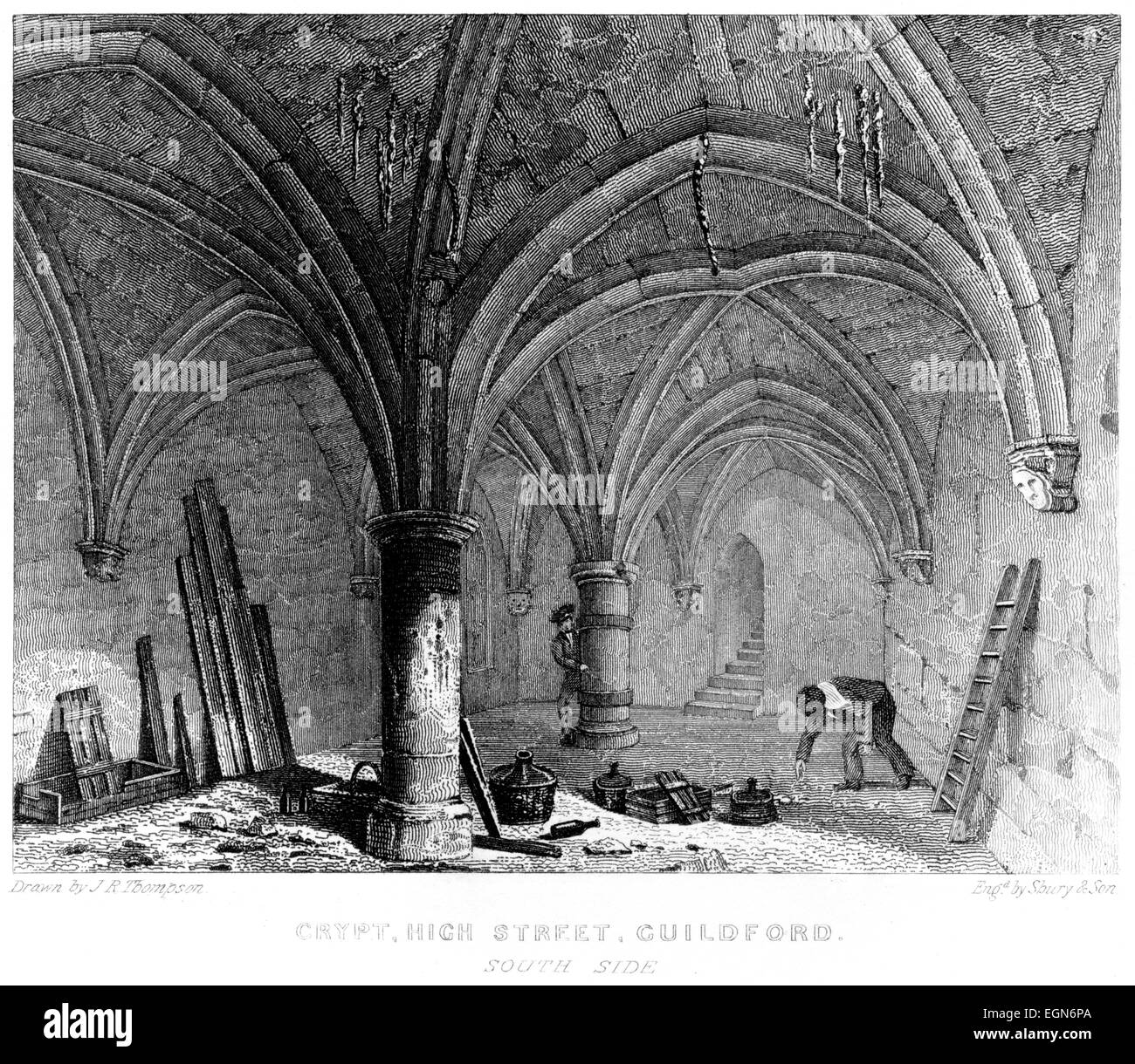 Incisione della cripta (Undercroft) High Street, Guildford - Lato Sud, Surrey scansionati ad alta res da un libro stampato nel 1850. Foto Stock