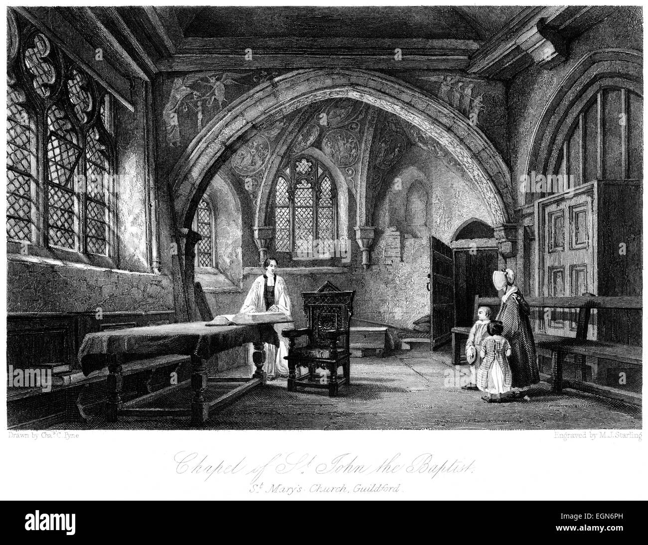 Incisione della cappella di San Giovanni Battista, la chiesa di Santa Maria, Guildford scansionati ad alta res da un libro stampato nel 1850. Foto Stock