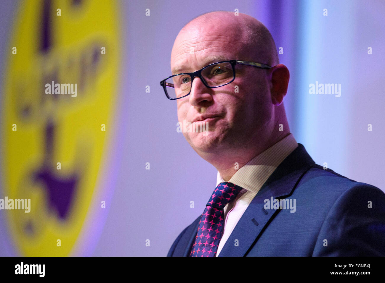 Margate, Regno Unito. Il 27 febbraio, 2015. Il UKIP conferenza di primavera presso i giardini invernali, Margate. Paolo Nuttall, vice leader dell'UKIP risolve la conferenza. Credito: Julie Edwards/Alamy Live News Foto Stock