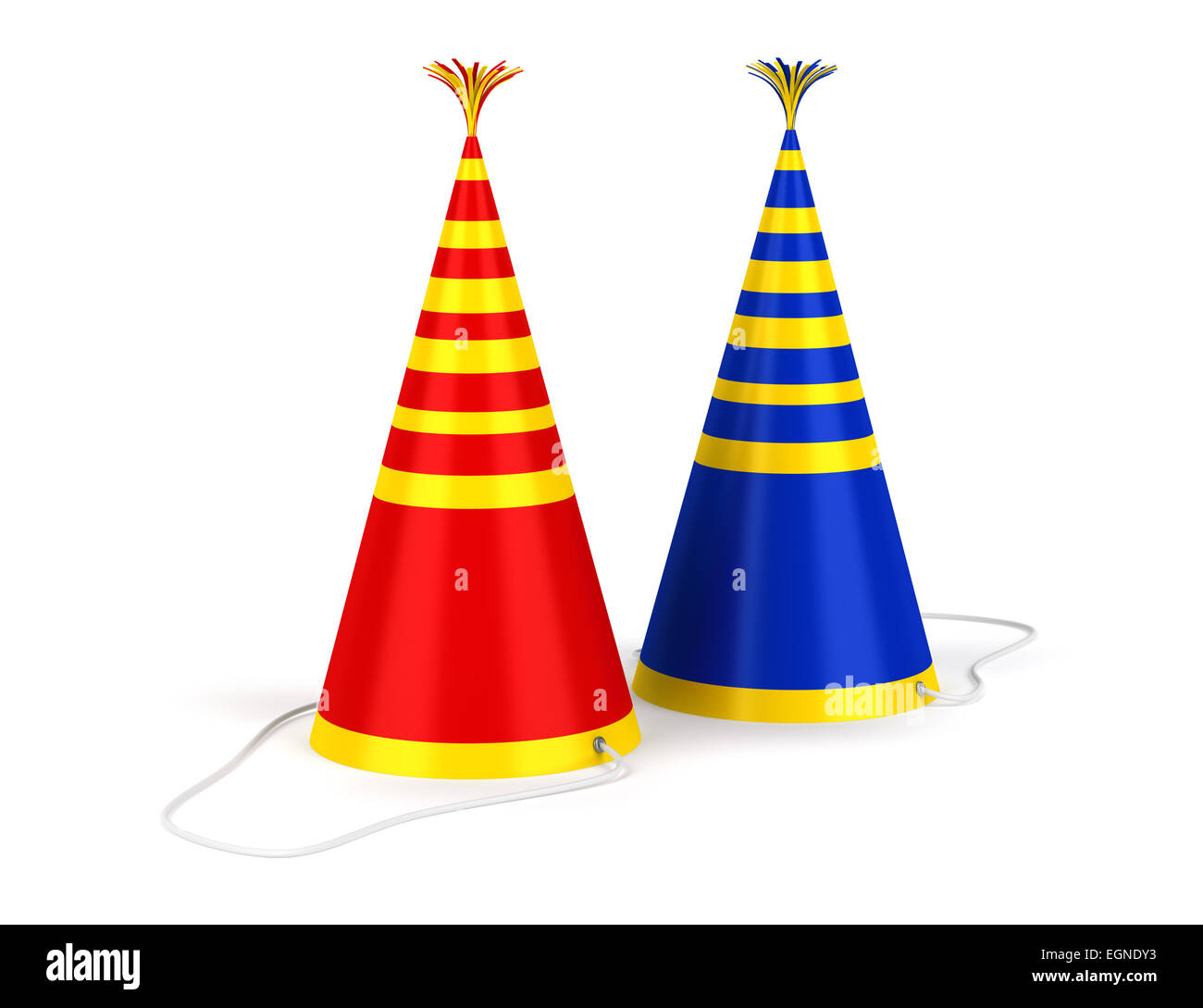 Due strippato colorati cappucci compleanno isolati su sfondo bianco Foto Stock