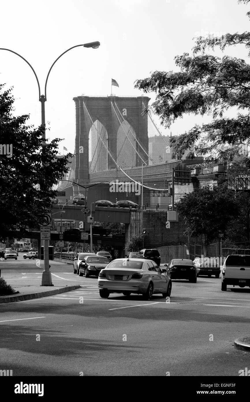 Ponte di Brooklyn orizzonte Foto Stock