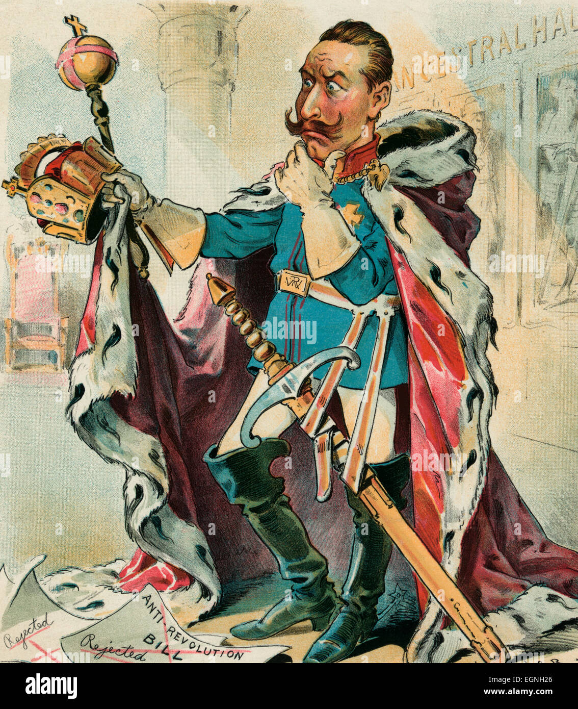 Un perplesso - Kaiser Guglielmo II, l'imperatore tedesco, indossa una tunica e grande spada, tenendo una corona e uno scettro e guardando perplesso oltre il motivo per cui questi simboli di autorità non è più il comando rispetto egli pensa che meritano. Cartoon politico 1895 Foto Stock