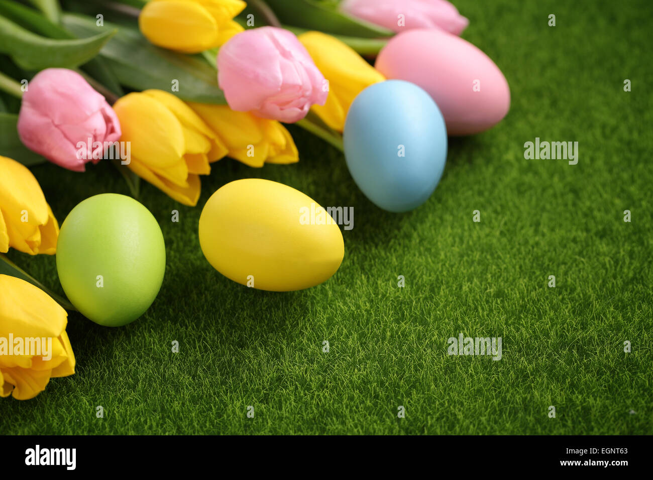 Uova di Pasqua e tulipani su prato Foto Stock