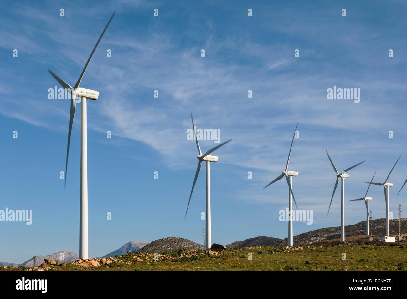 Le turbine eoliche vicino a Ardales, provincia di Malaga, Andalusia, Spagna. Foto Stock