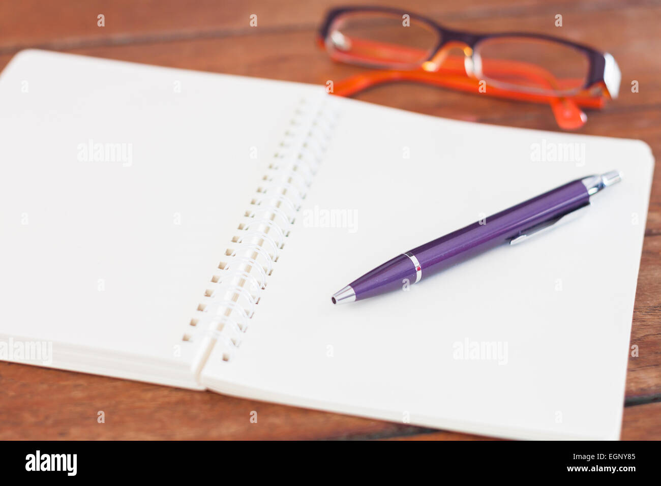 Notebook vuota con la penna sul tavolo di legno, stock photo Foto Stock