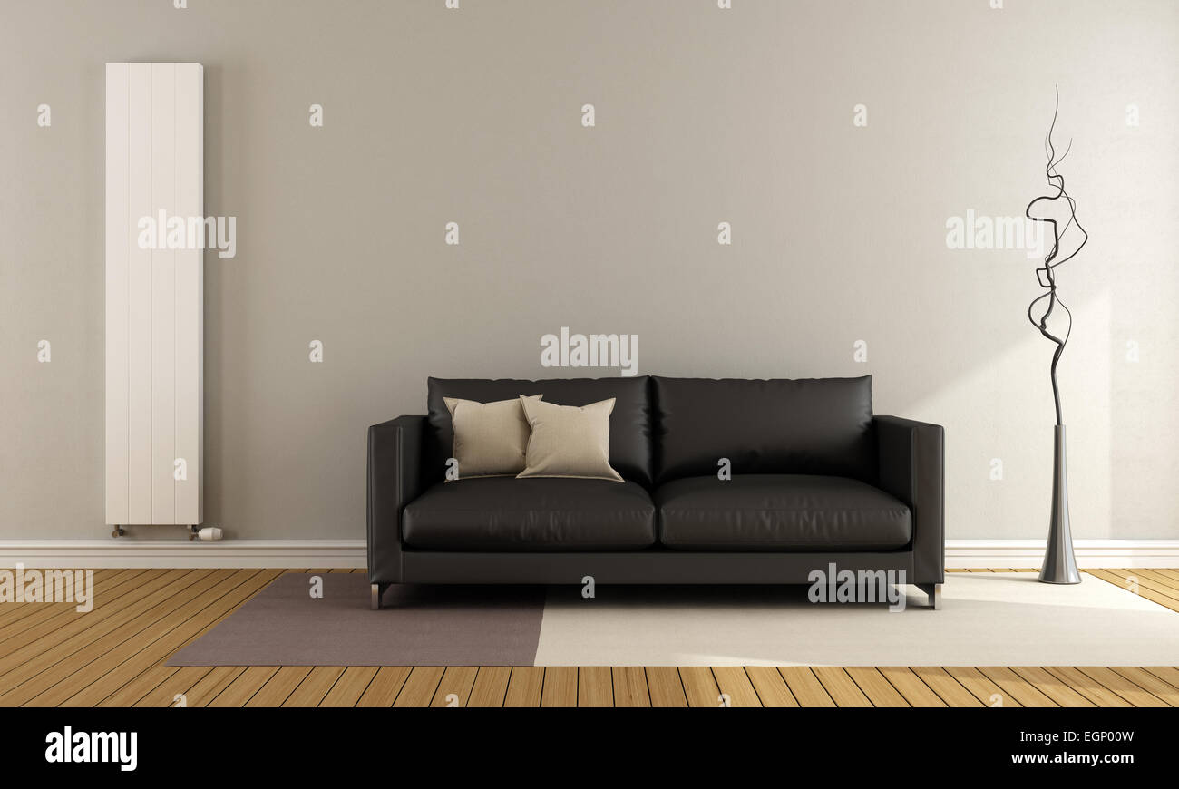 Lounge minimalista con divano nero e riscaldatore verticale - il rendering 3D Foto Stock