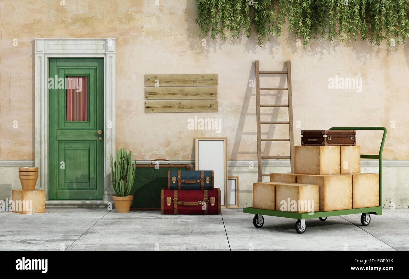 Esterno di una vecchia casa, con carrello pieno di scatole, valigie, pronto per il passaggio - 3D Rendering Foto Stock
